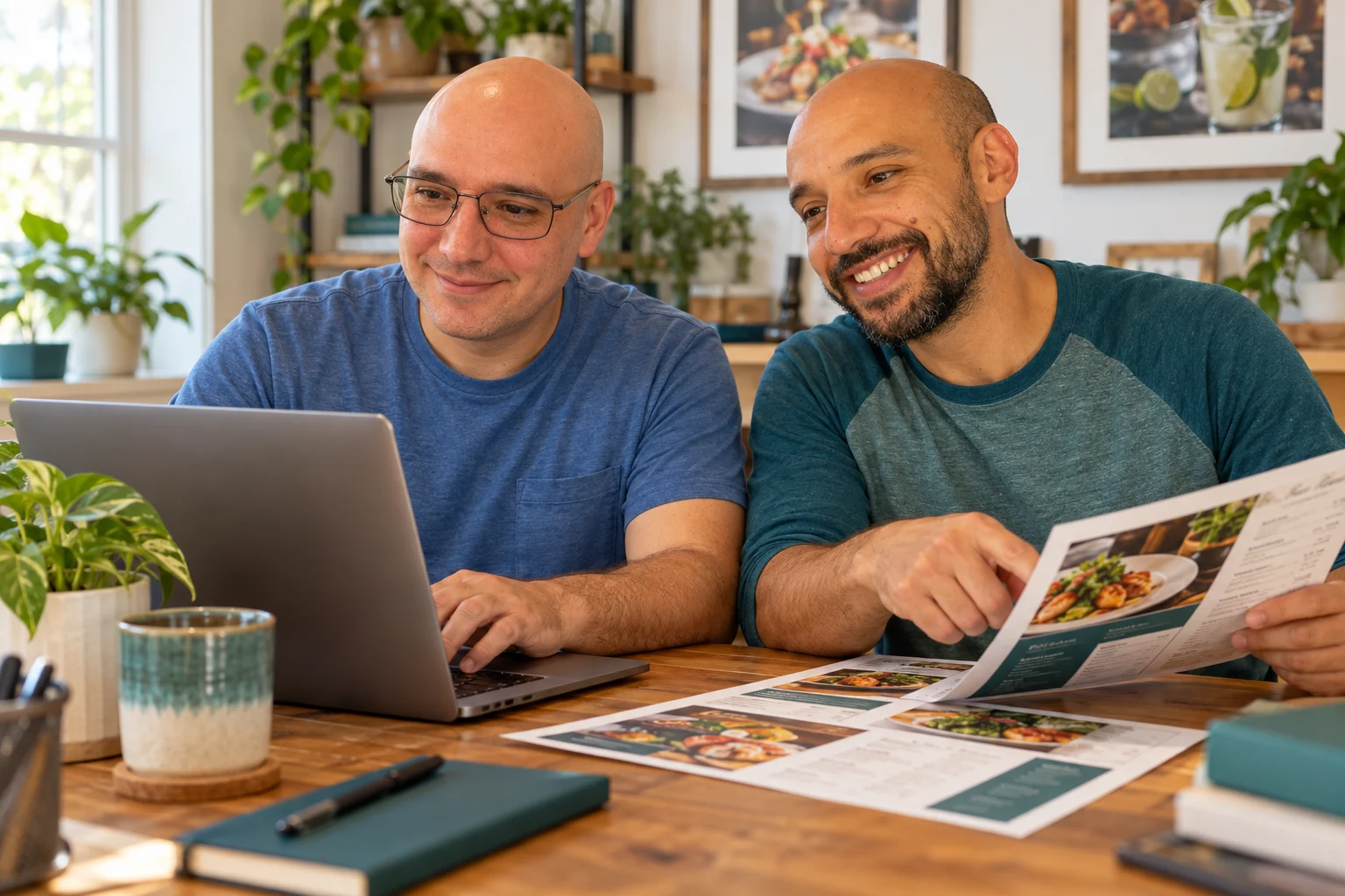 AI-created illustration of JP and his twin brother Nino collaborating on a restaurant menu at a laptop