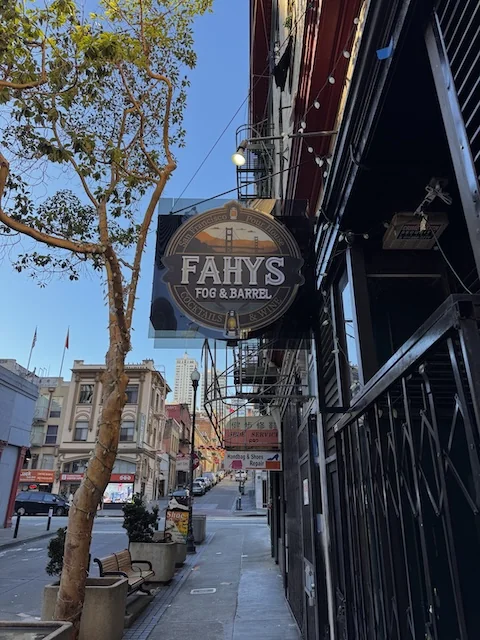 Fahy’s hanging street sign outside the bar on a San Francisco sidewalk