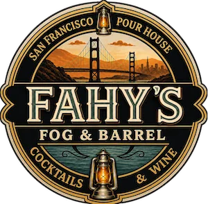 Final round Fahy’s Fog and Barrel badge with cleaner lettering, the Golden Gate Bridge and two lanterns