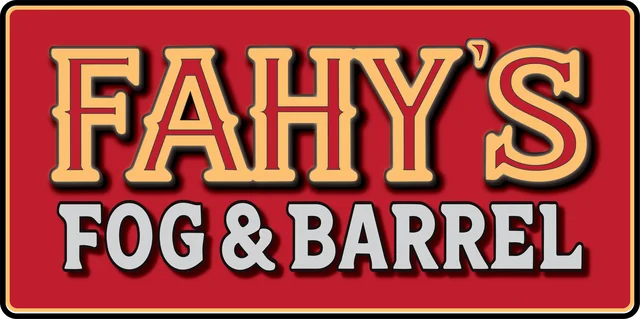 Fahy’s Fog and Barrel wordmark in cream and grey on a red sign panel