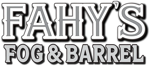 Fahy’s Fog and Barrel wordmark in white with a dark drop shadow