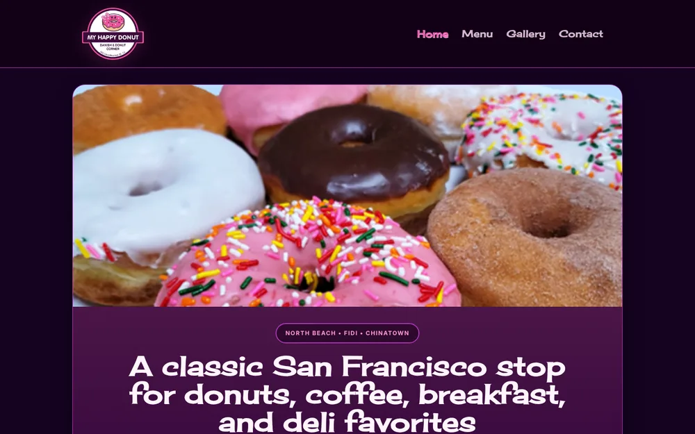 My Happy Donut homepage with its round pink donut logo, a close-up of glazed and sprinkled donuts, and Home, Menu, Gallery and Contact navigation