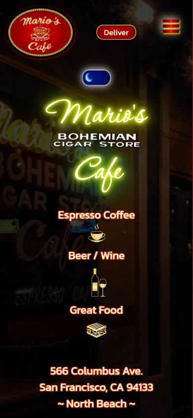 Mobile layout of the archived Mario’s Café website