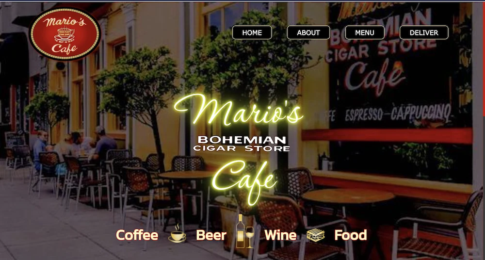 Mario’s Café website homepage with storefront photography, café branding, and menu and delivery navigation