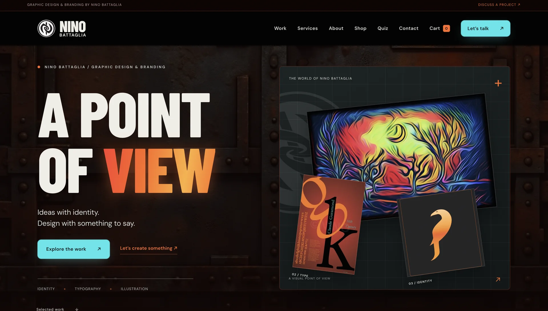 Nino Battaglia’s website homepage with a rusted metal background, the headline A Point of View, and a collage of his artwork