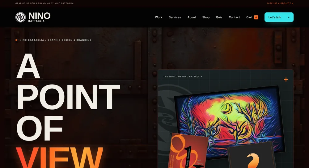 Nino Battaglia graphic design and branding website, with the headline A Point of View and a collage of his artwork