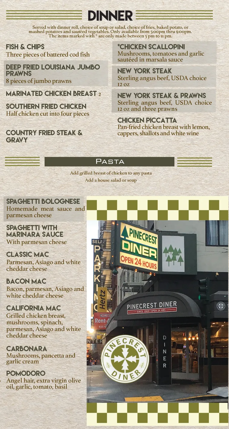 Pinecrest Diner dinner and pasta menu with olive accents, checkerboard details, and a restaurant photograph