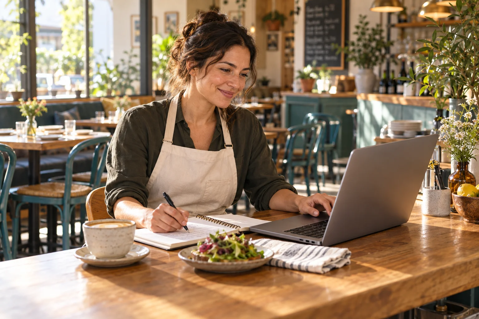 Illustrative restaurant owner preparing a menu at a café counter