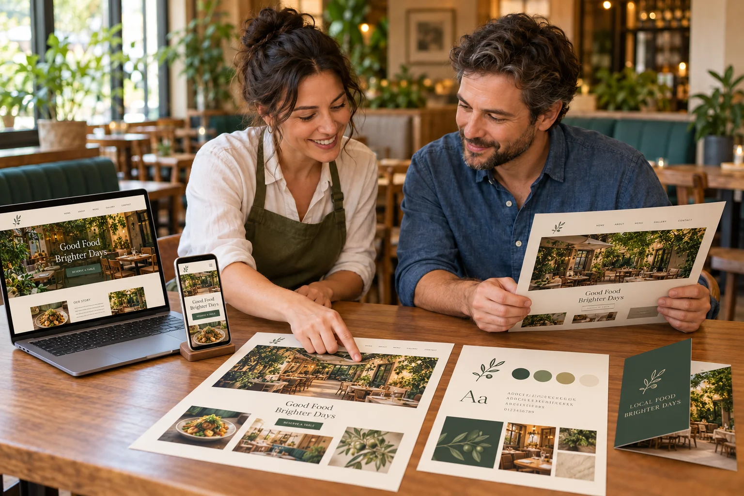 Illustrative team reviewing website, brand, and menu designs together