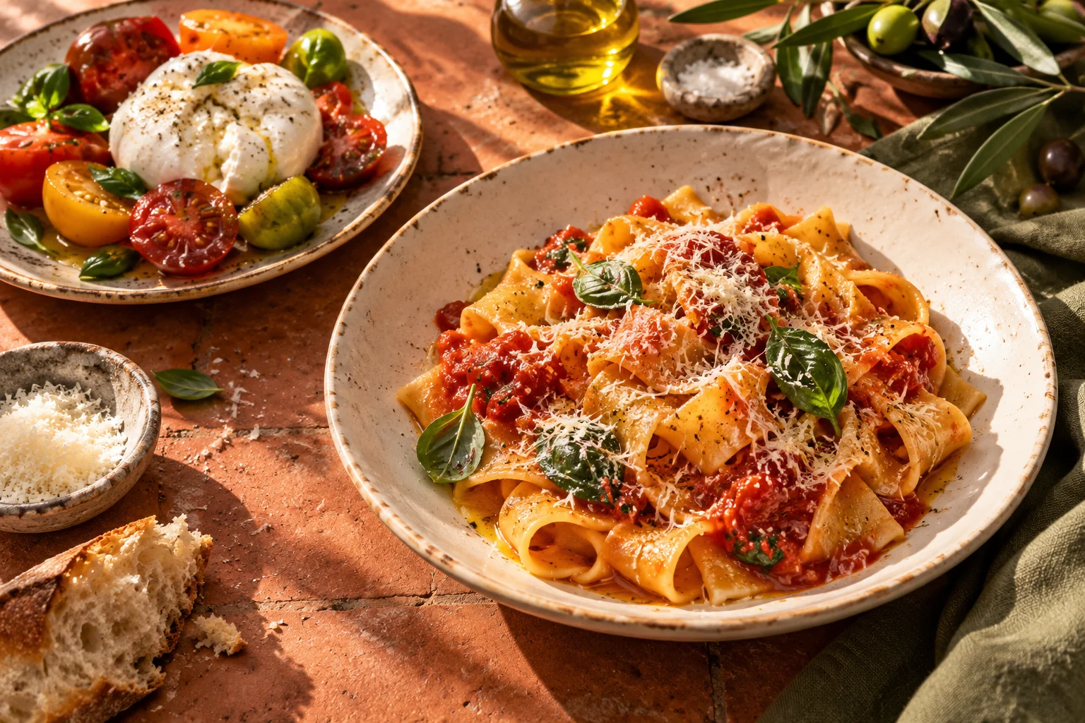 Illustrative Italian spread with tomato pappardelle, burrata, and fresh basil